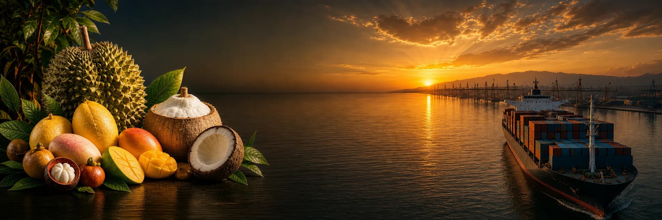 Thai tropical fruit and an export cargo ship